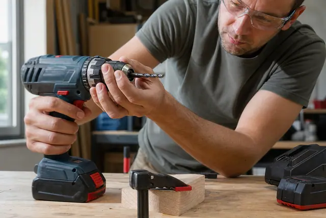 Bricoleur contrôlant le mandrin d’une perceuse-visseuse sur un établi