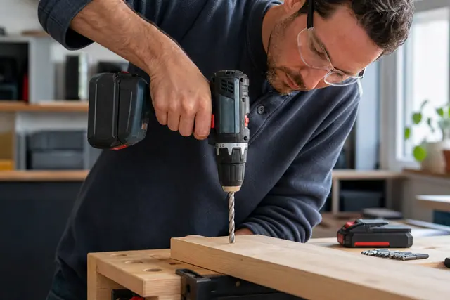 Perceuse-visseuse compacte utilisée sur une planche de bois dans un atelier domestique.
