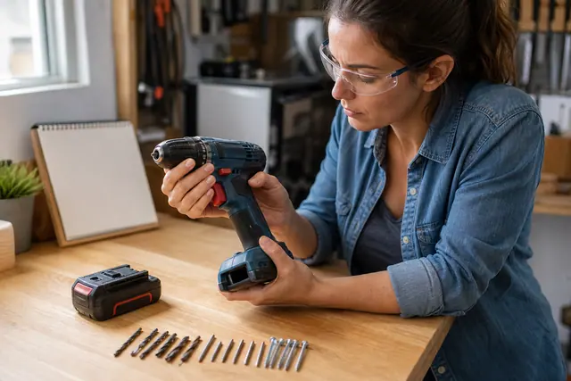 Bricoleuse examinant une perceuse-visseuse sans fil sur un établi avec batteries et forets.