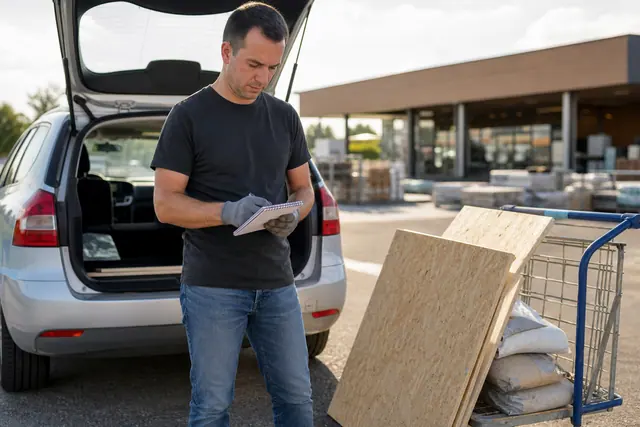Client préparant ses achats de matériaux devant un magasin de bricolage local.