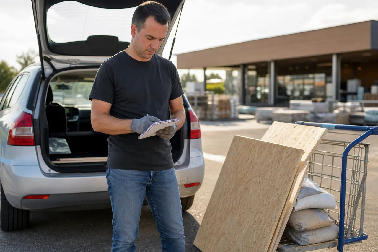 Client préparant ses achats de matériaux devant un magasin de bricolage local.