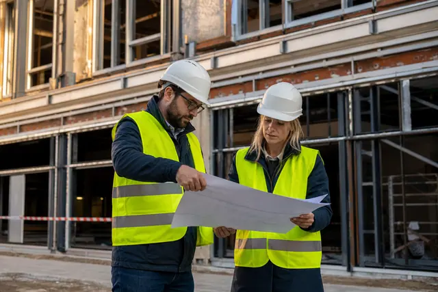 Architecte et conductrice de travaux devant un ancien magasin reconverti en logements.