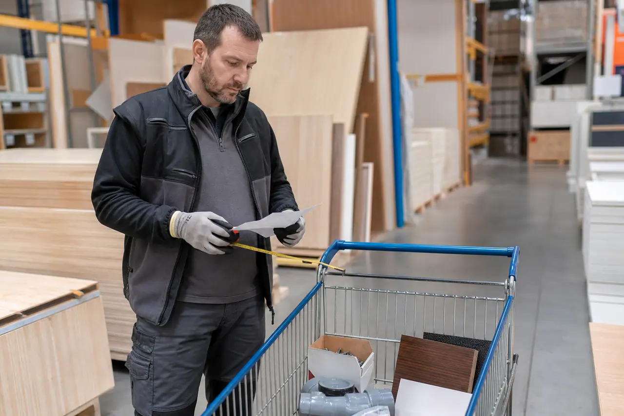 Client préparant ses achats de rénovation dans un magasin de bricolage à Champagnole