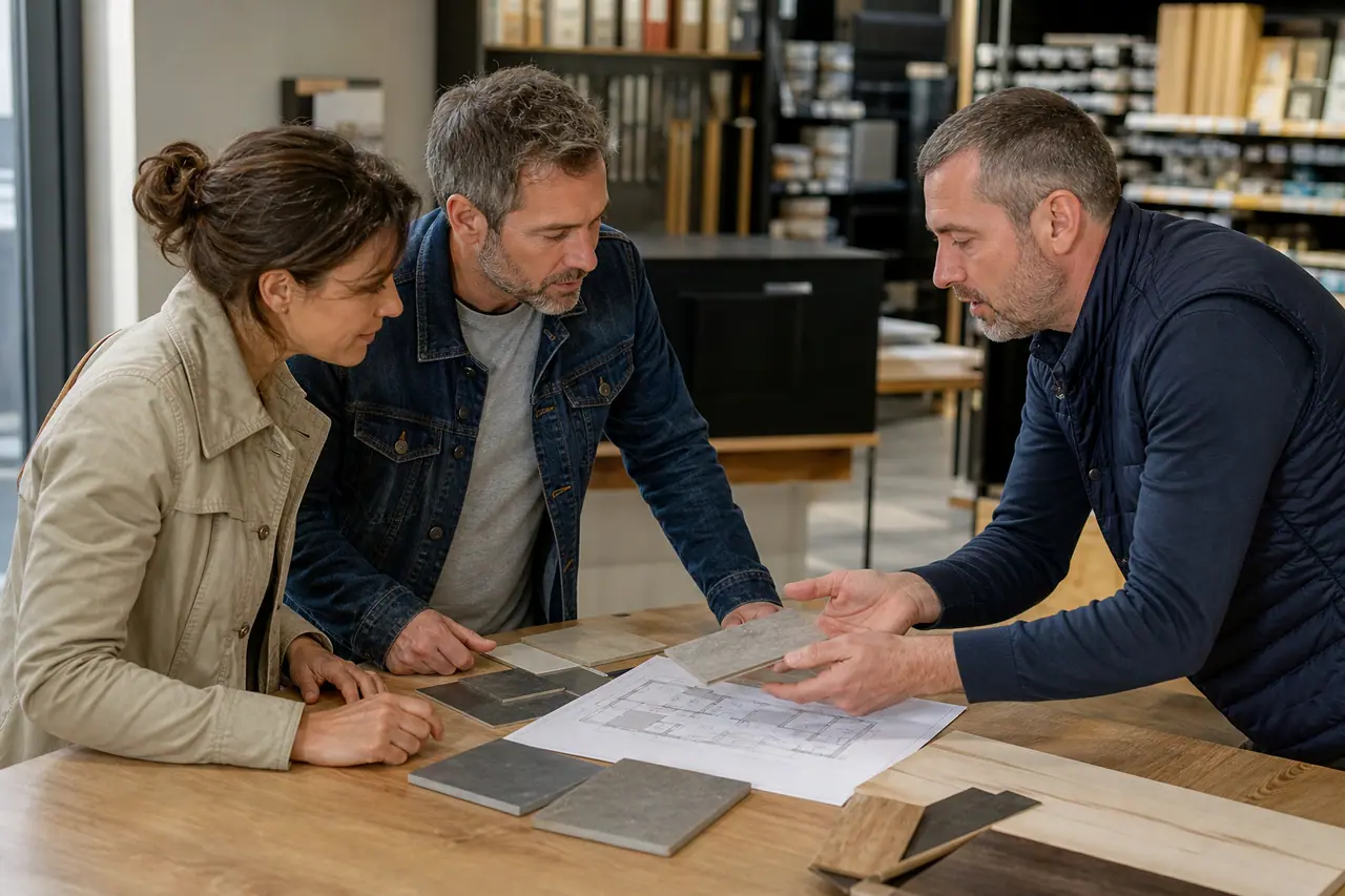 Clients et conseiller comparent des échantillons pour un projet de rénovation en magasin.