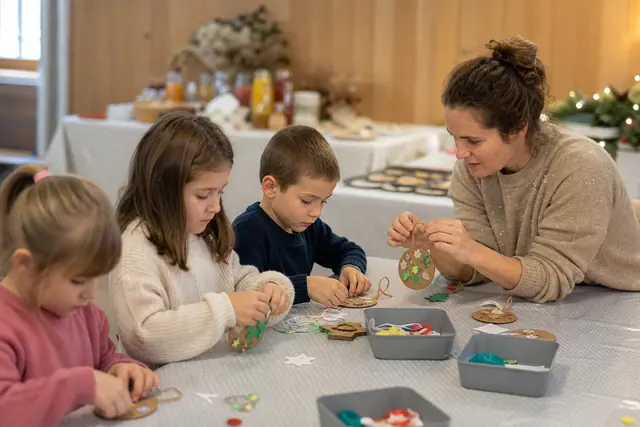 Enfants encadrés fabriquant des décorations de Noël autour de tables protégées.