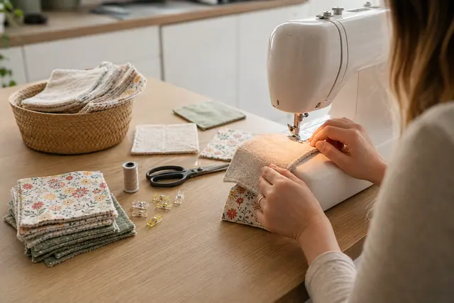 Couture d’un essuie-tout lavable en coton et éponge sur table en bois.