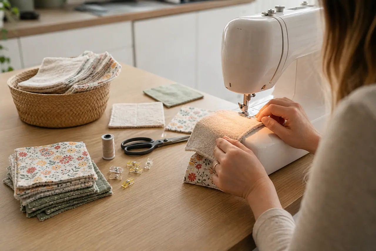 Couture d’un essuie-tout lavable en coton et éponge sur table en bois.