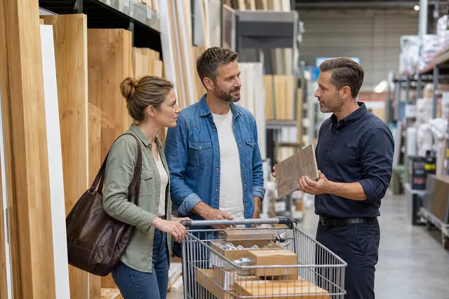 Conseiller et clients comparent des matériaux dans un magasin de bricolage.