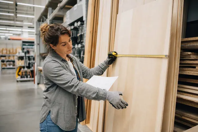 Cliente mesurant un panneau de bois dans une allée de bricolage.