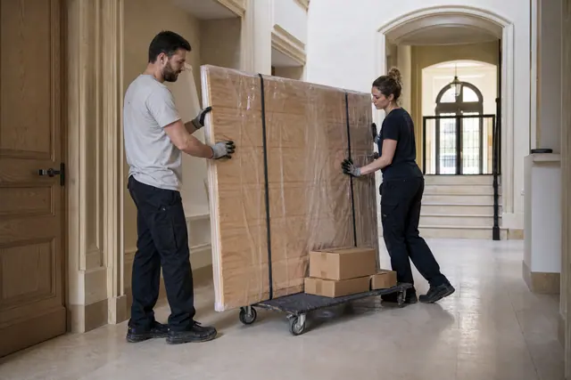 Deux personnes acheminent un panneau de bois dans le hall d’un immeuble.