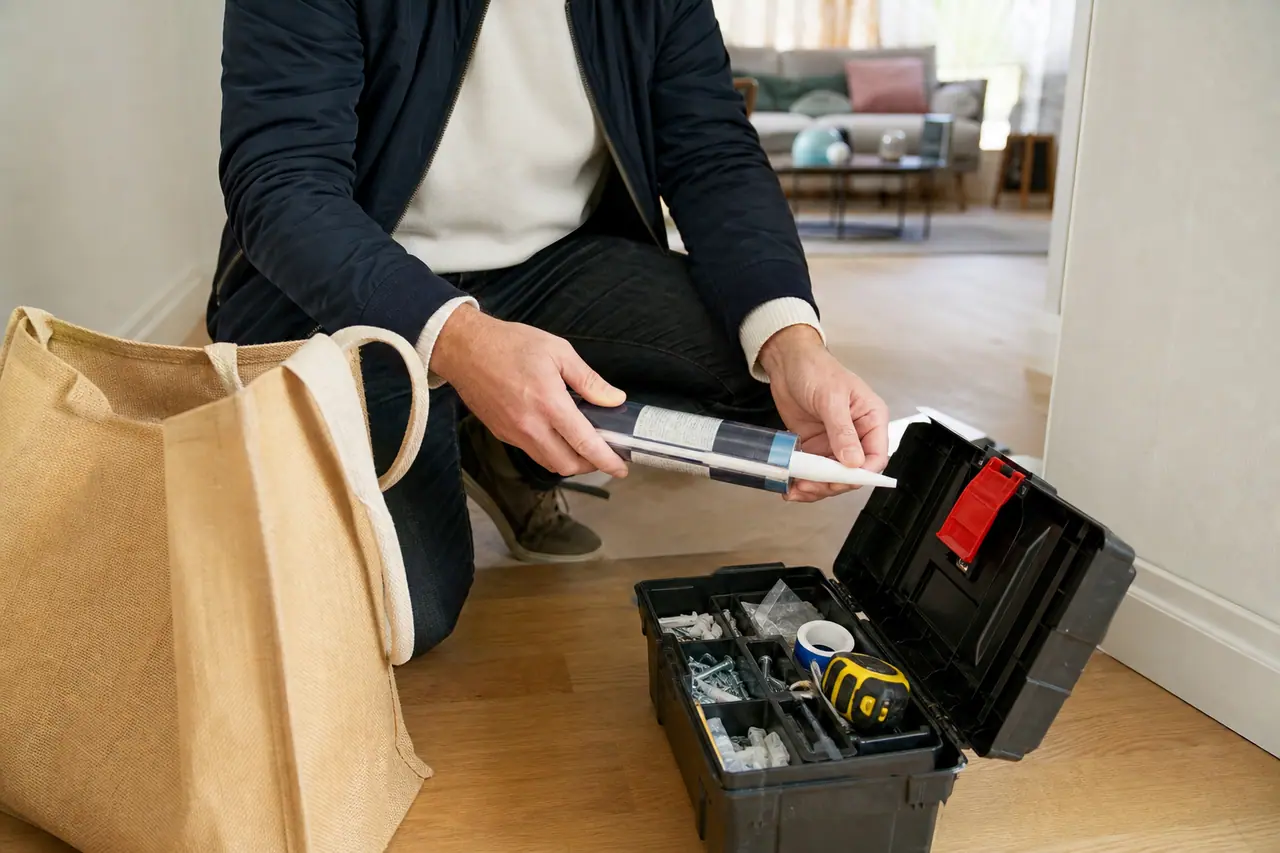 Trousse de dépannage compacte rangée après des achats de bricolage en centre-ville.