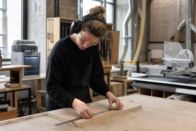 Bricoleur mesurant une pièce de bois dans un atelier partagé équipé.