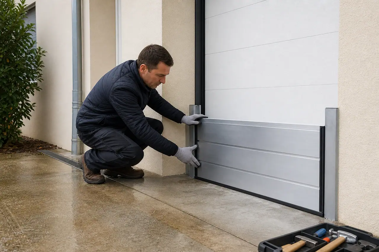 Propriétaire fixant un batardeau devant une porte de garage protégée.