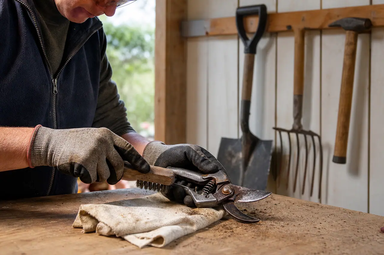 Outils de jardin nettoyés et sécateur remis en état sur un établi.