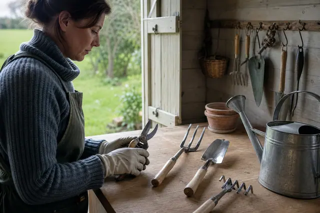 Jardinière rangeant des outils manuels propres dans un abri de jardin sec