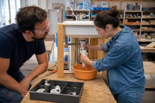 Débutante guidée pour démonter un siphon dans un atelier de bricolage.