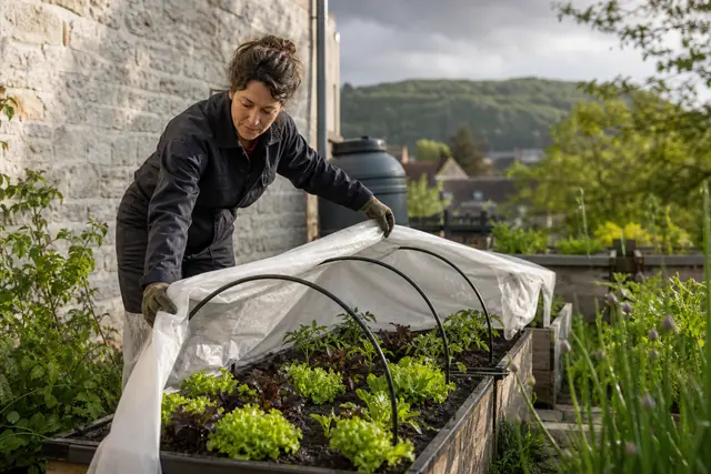 Jardinière protège de jeunes plants dans un potager urbain bisontin au printemps