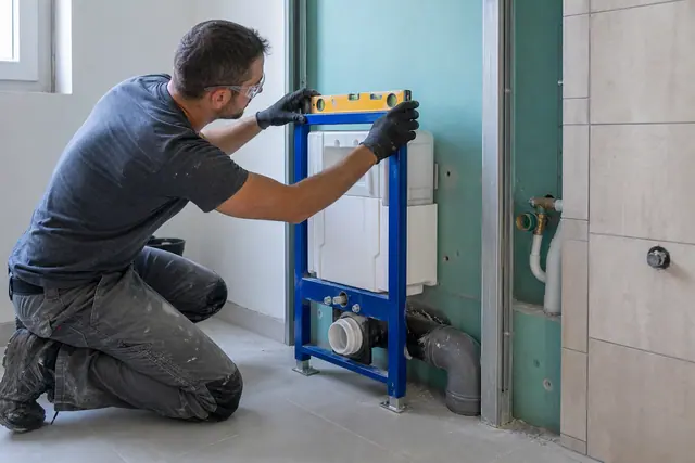 Réglage au niveau d’un bâti-support de WC suspendu avant habillage.