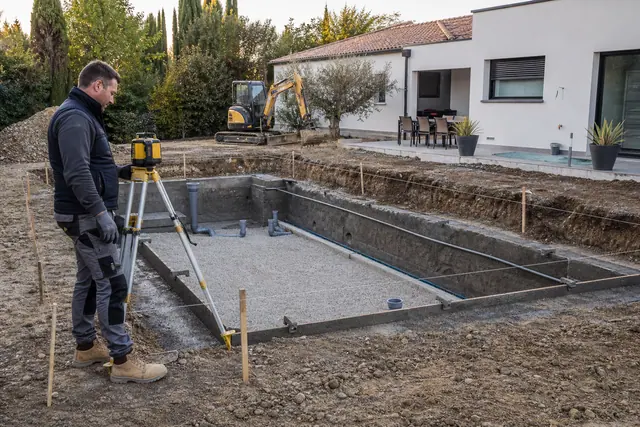 Propriétaire contrôlant l’implantation d’une piscine enterrée dans un jardin résidentiel.