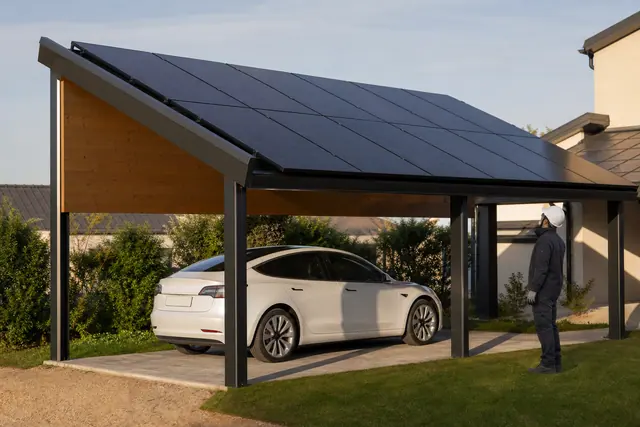 Carport solaire à dix panneaux abritant une voiture dans un jardin résidentiel.