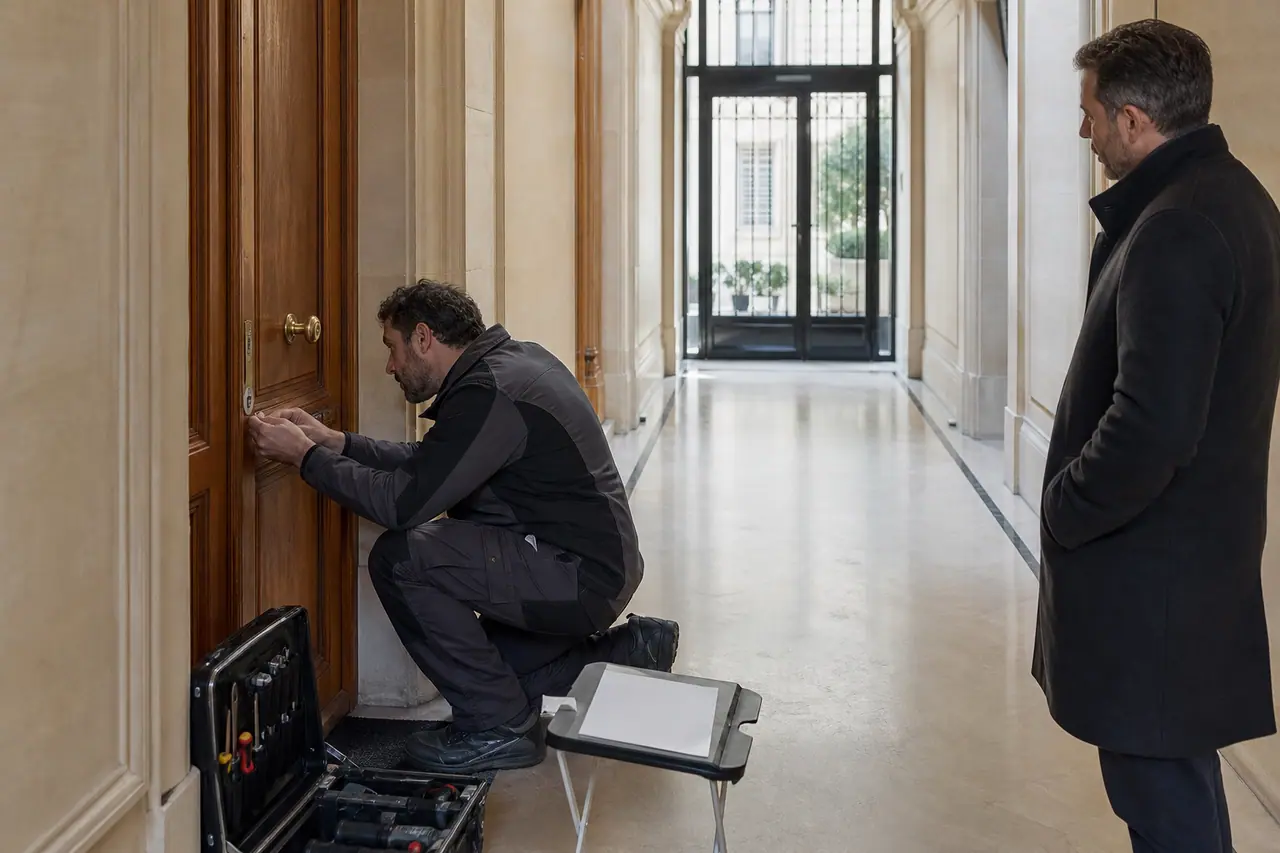 Serrurier examinant une serrure de porte palière dans un immeuble parisien.