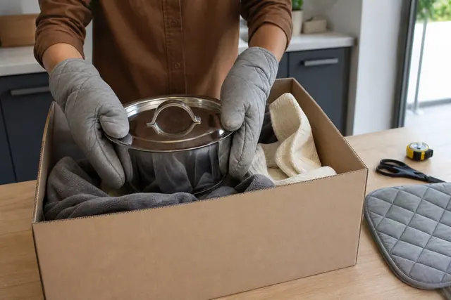Casserole fermée installée dans une boîte en carton garnie de plaids