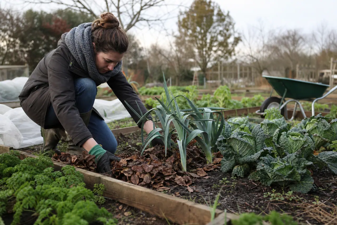 Jardinière paillant des poireaux dans un potager familial en hiver.