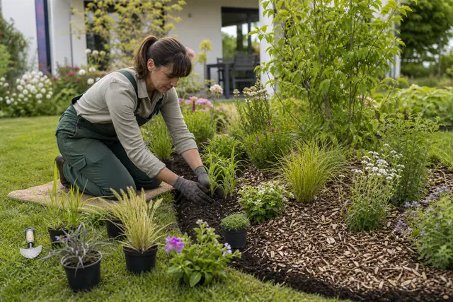 Jardinière disposant des vivaces dans un massif ensoleillé fraîchement préparé.