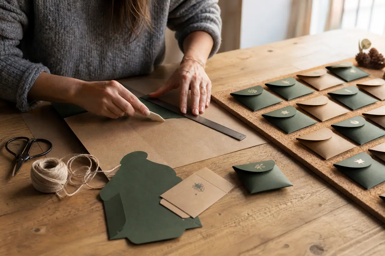 Pochettes en papier décorées et suspendues sur un panneau pour calendrier de l’Avent.