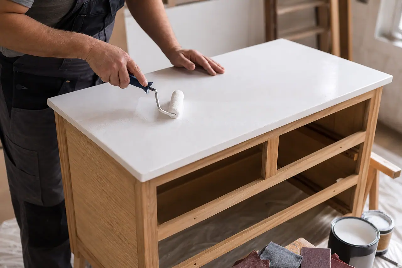Application soignée d’une peinture brillante au rouleau sur une commode préparée.