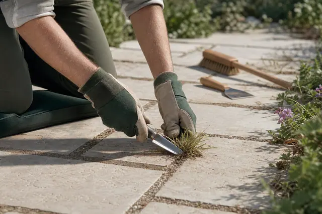 Jardinier retirant des herbes dans les joints d’une terrasse en dalles