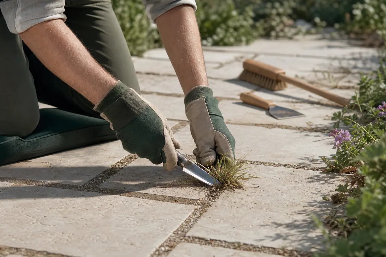 Jardinier retirant des herbes dans les joints d’une terrasse en dalles