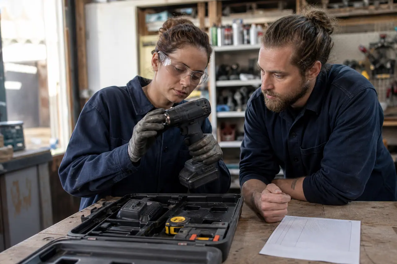 Adhérente vérifiant une perceuse empruntée avec un bénévole dans un atelier partagé.