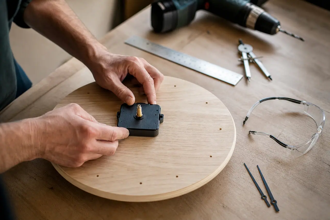 Assemblage d’une horloge en contreplaqué avec mécanisme quartz et aiguilles noires.