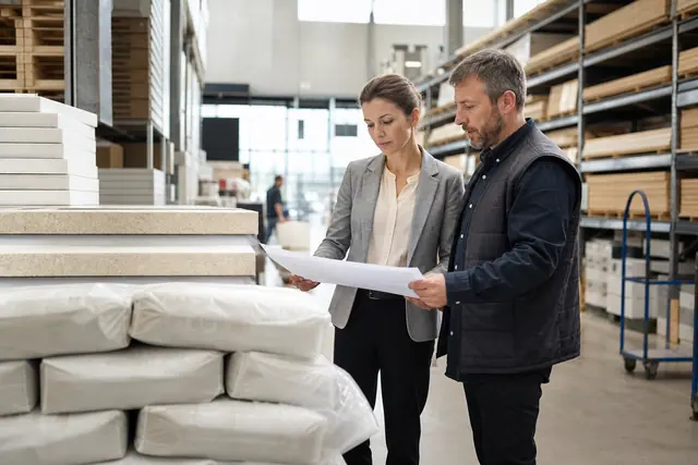Responsables observant les stocks dans un magasin de bricolage européen.
