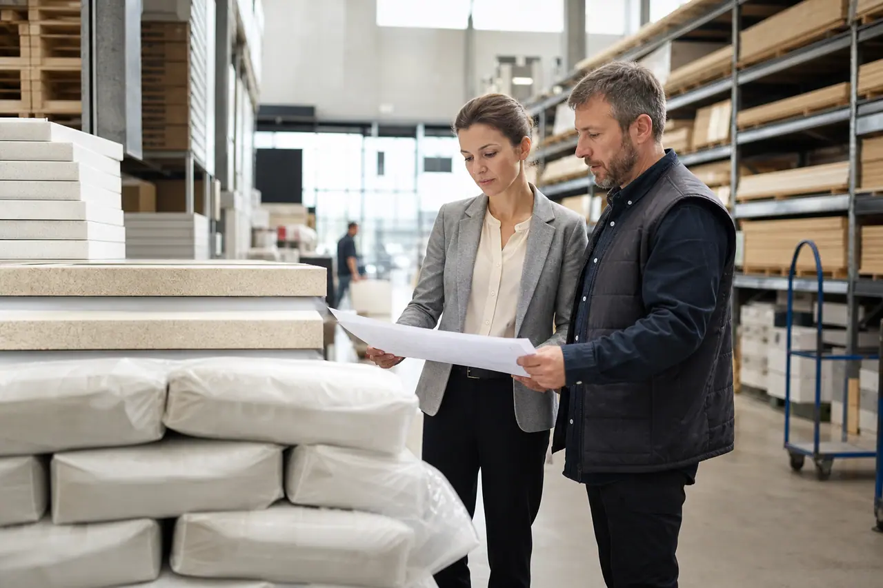 Responsables observant les stocks dans un magasin de bricolage européen.