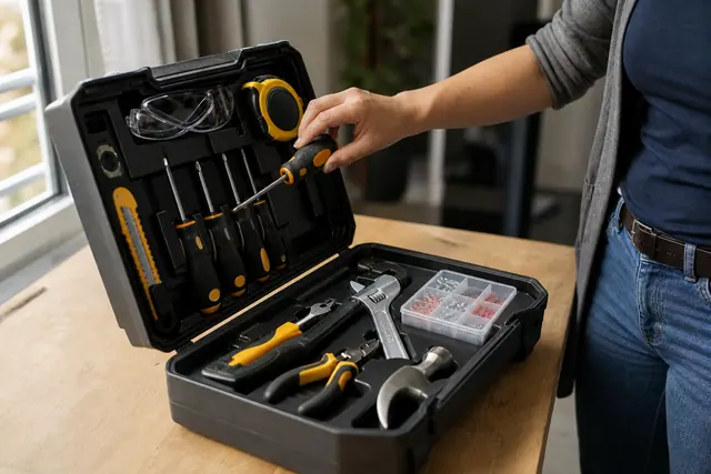 Mallette ouverte avec outils essentiels rangés sur un établi en bois.