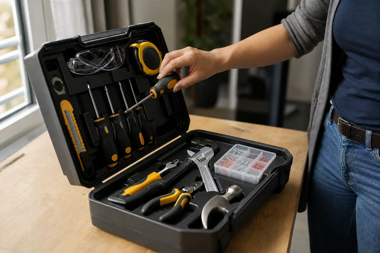 Mallette ouverte avec outils essentiels rangés sur un établi en bois.