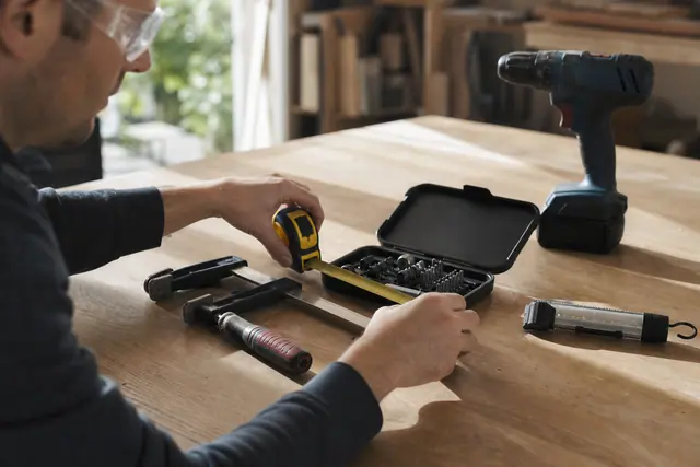 Accessoires de bricolage rangés sur un établi en bois lumineux