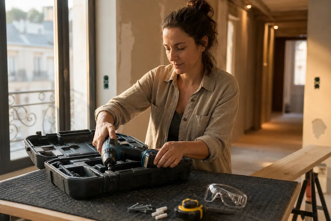 Bricoleuse rangeant une perceuse éteinte dans un appartement en soirée.