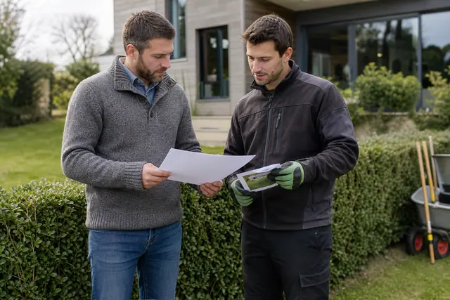 Propriétaire et prestataire comparent un devis dans un jardin près de Goven.