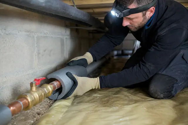 Pose d’un manchon isolant sur une canalisation en cuivre dans une cave.
