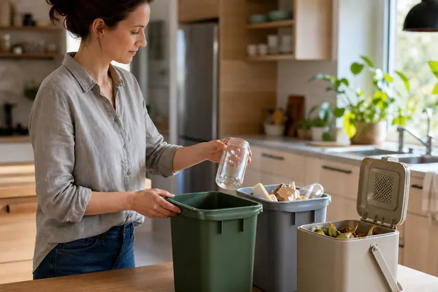 Tri domestique de verre, emballages et biodéchets dans une cuisine lumineuse.