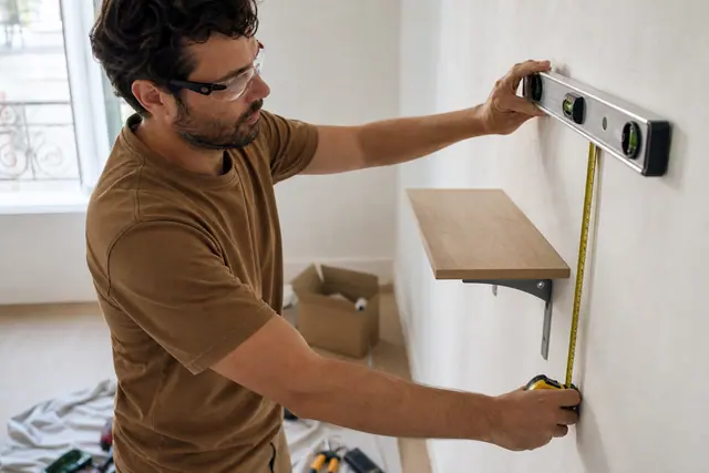 Débutant mesurant un mur avant de poser une étagère dans son appartement.