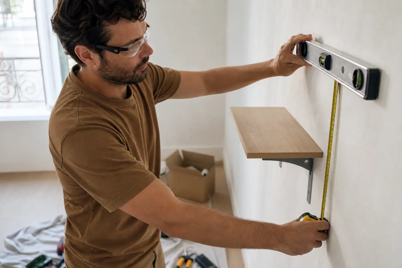 Débutant mesurant un mur avant de poser une étagère dans son appartement.