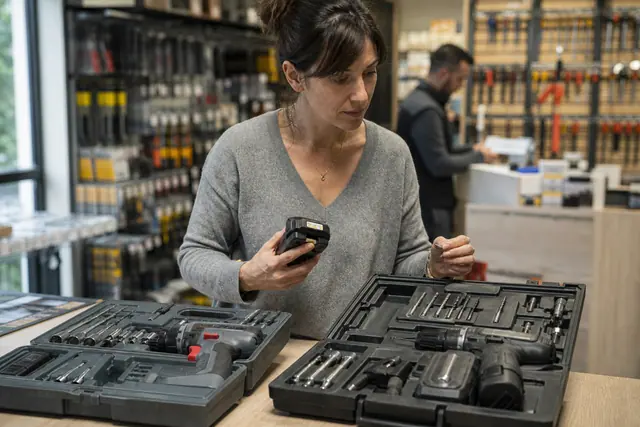 Cliente comparant deux coffrets de perceuses dans une quincaillerie française.