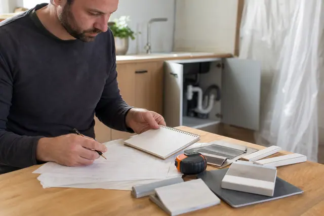 Particulier comparant un budget travaux près d’un meuble sous évier réparé.