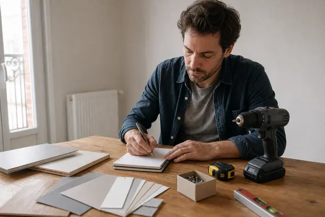Particulier préparant un budget travaux avec échantillons et outils sur une table.