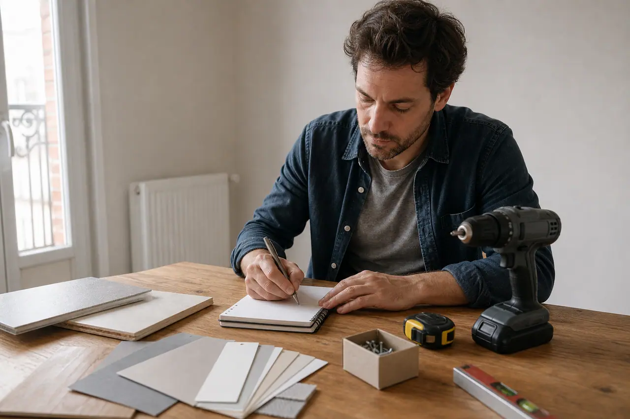 Particulier préparant un budget travaux avec échantillons et outils sur une table.