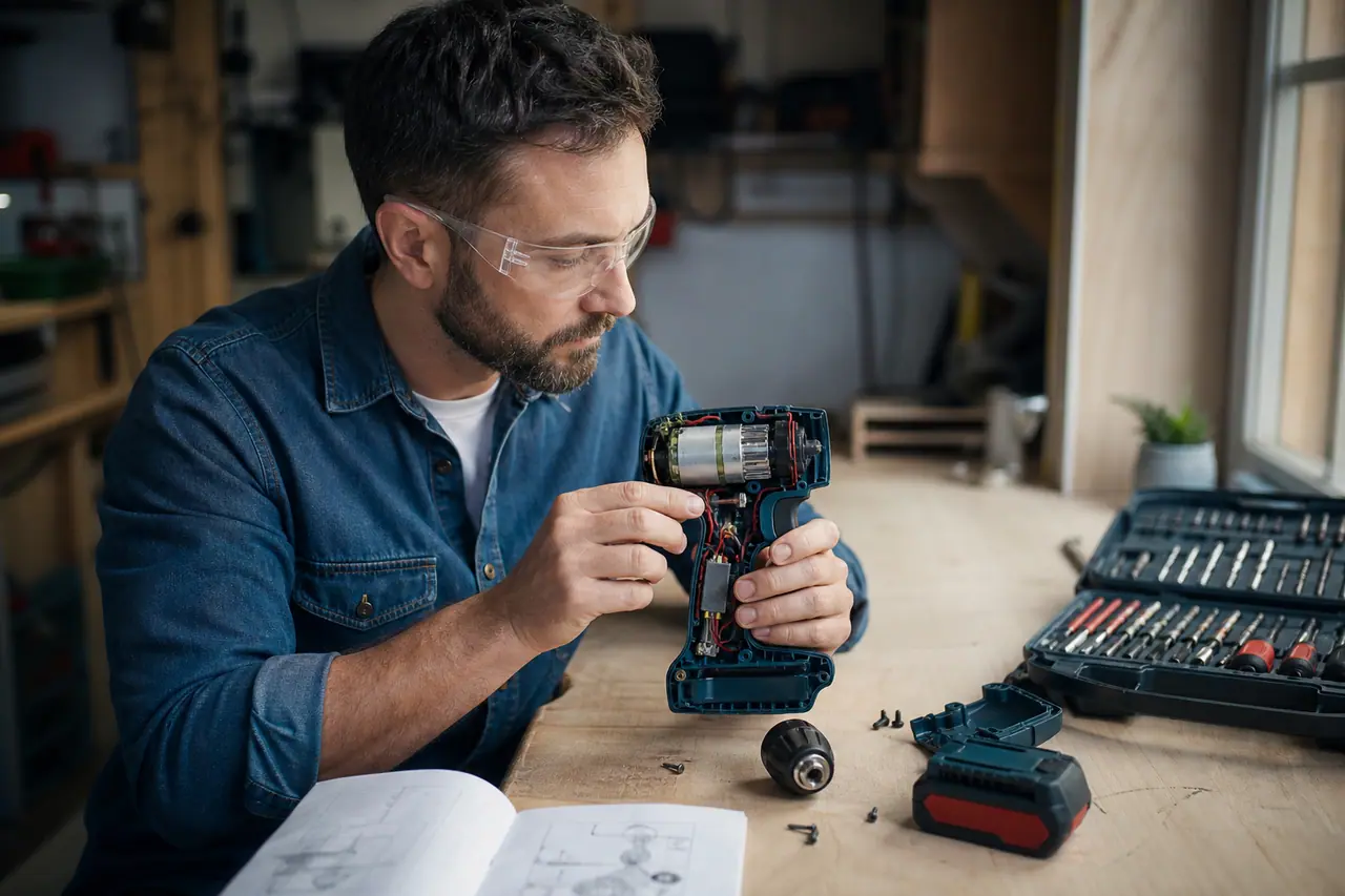 Bricoleur examinant les pièces démontées d’une perceuse sans fil sur établi.